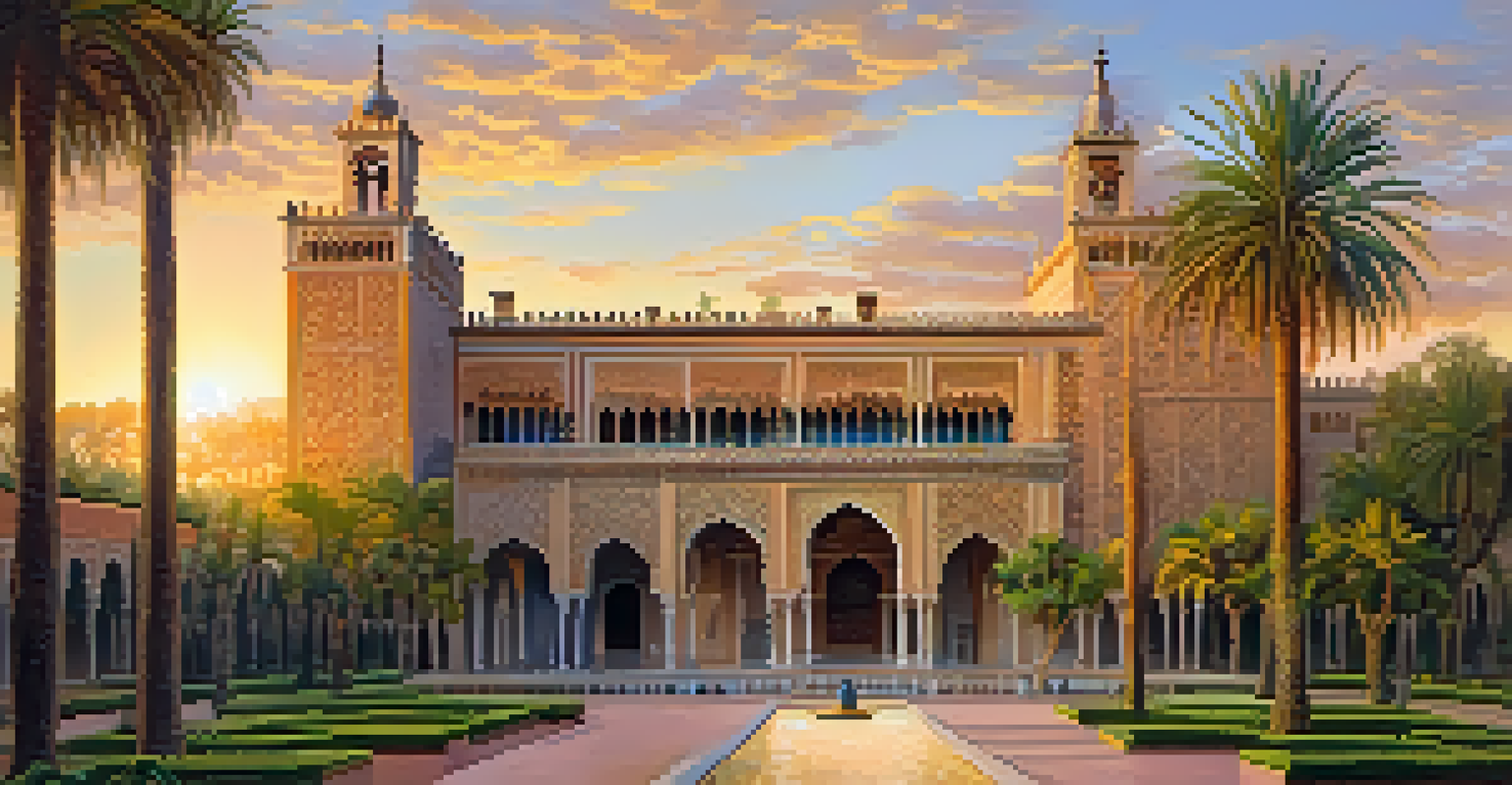 The Alcázar of Seville at sunset, featuring intricate Mudejar architecture with golden light accentuating the brickwork and gardens in the foreground.