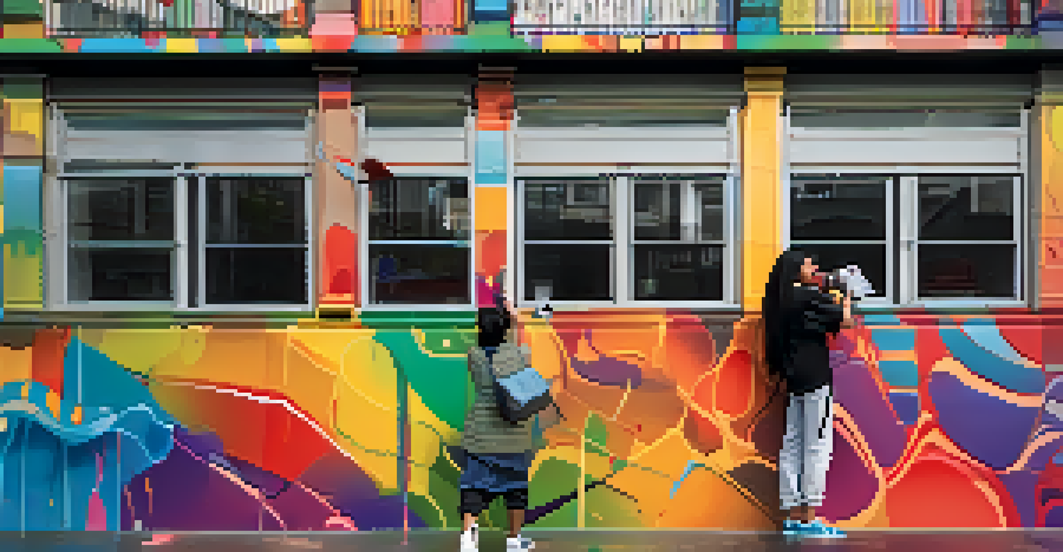 An artist painting a detailed mural at a street art festival, with vibrant colors and an engaged audience in the background.