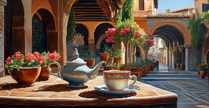 A peaceful outdoor coffee scene in a historic plaza in Granada, showing a coffee cup on a wooden table with blooming flowers and Moorish architectural details in the background.