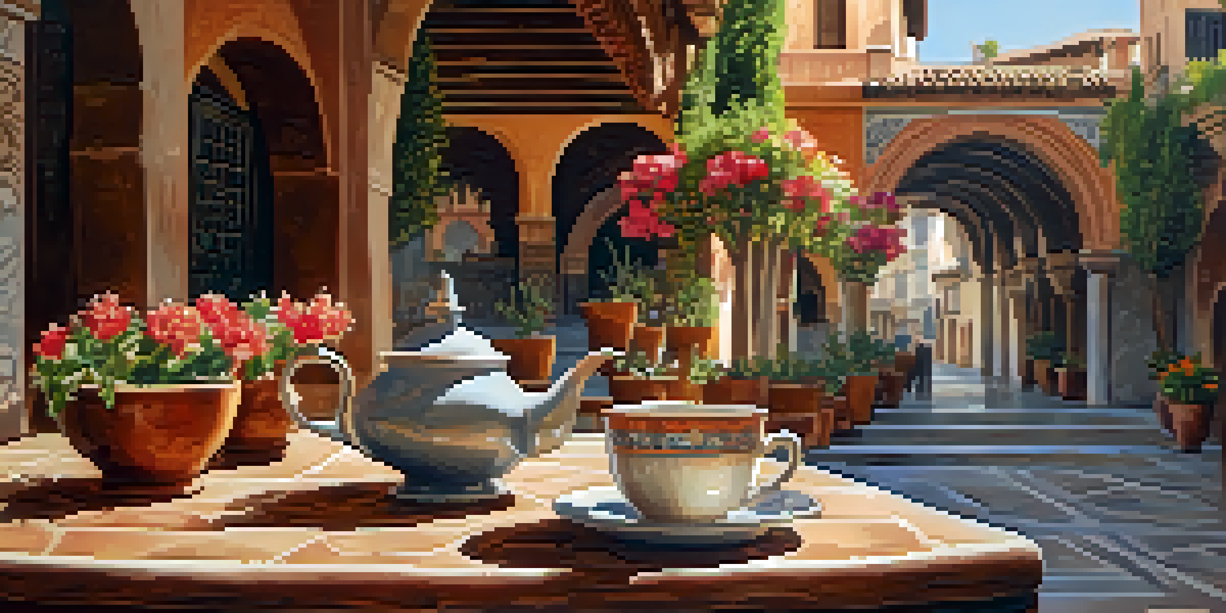 A peaceful outdoor coffee scene in a historic plaza in Granada, showing a coffee cup on a wooden table with blooming flowers and Moorish architectural details in the background.