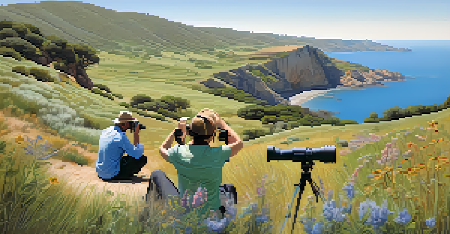 A group of eco-tourists birdwatching in a scenic Spanish national park, surrounded by diverse plants and a clear blue sky.