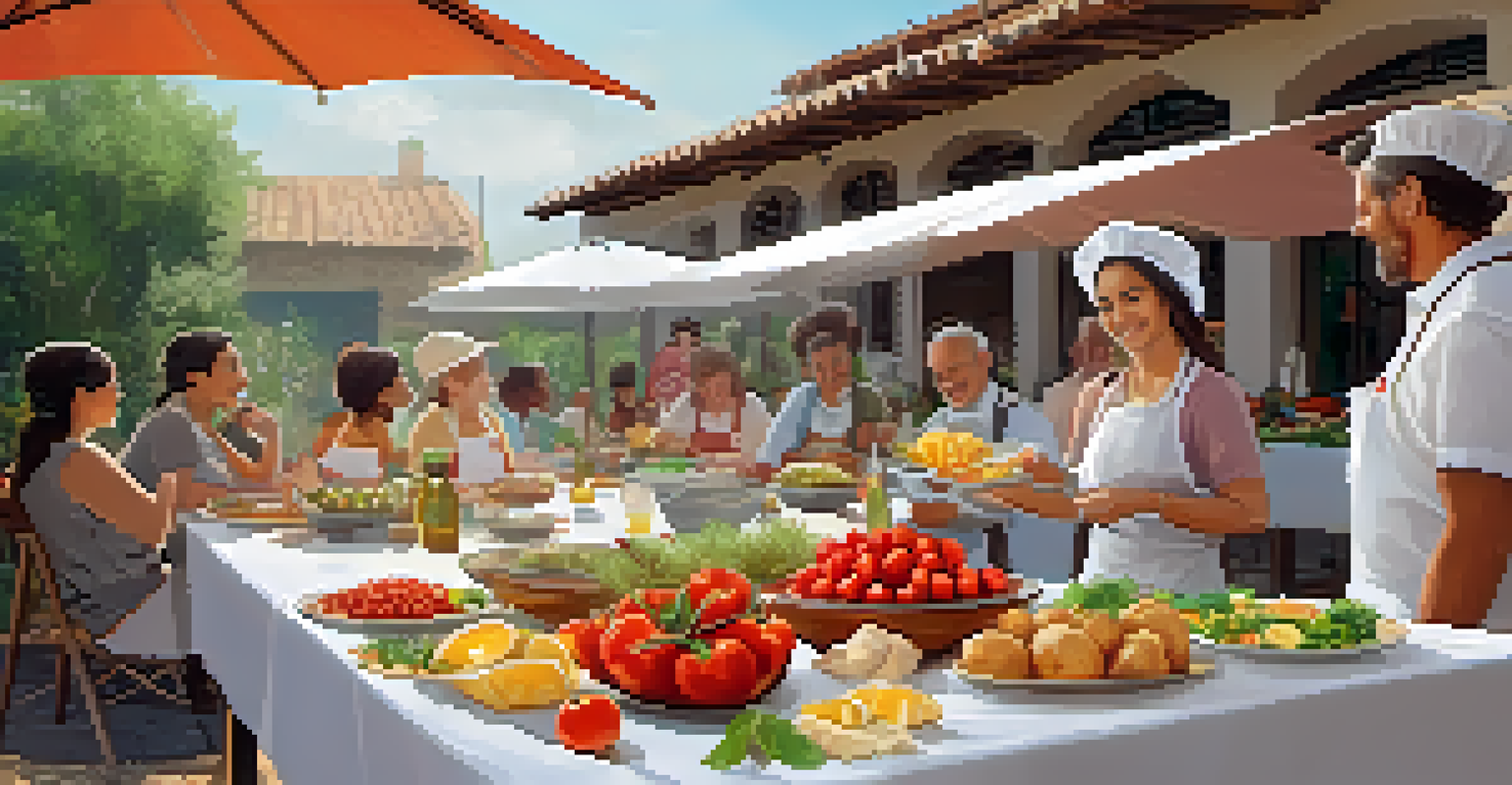 An outdoor table filled with colorful ingredients for a Spanish cooking class, with a chef preparing patatas bravas in the background.