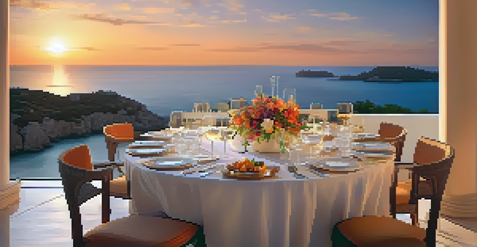An elegant dining setup on a terrace at a luxury resort in Ibiza, with a view of the sunset over the ocean and gourmet dishes on the table.