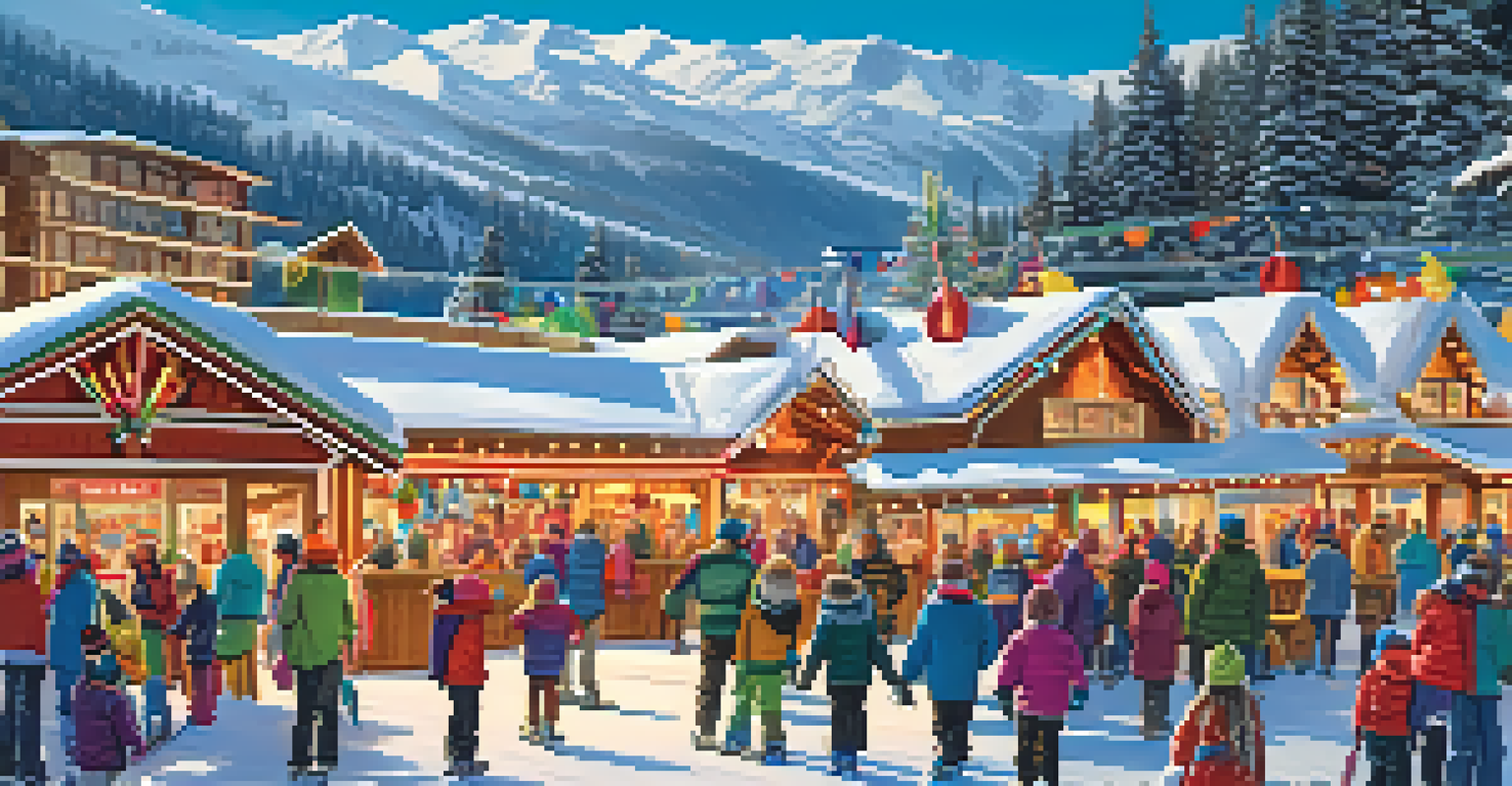 A lively winter festival at a ski resort with families enjoying snow activities and colorful decorations.