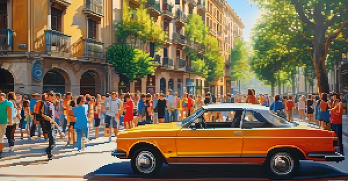 A colorful street in Barcelona filled with murals and people enjoying the art, with sunlight illuminating the scene.