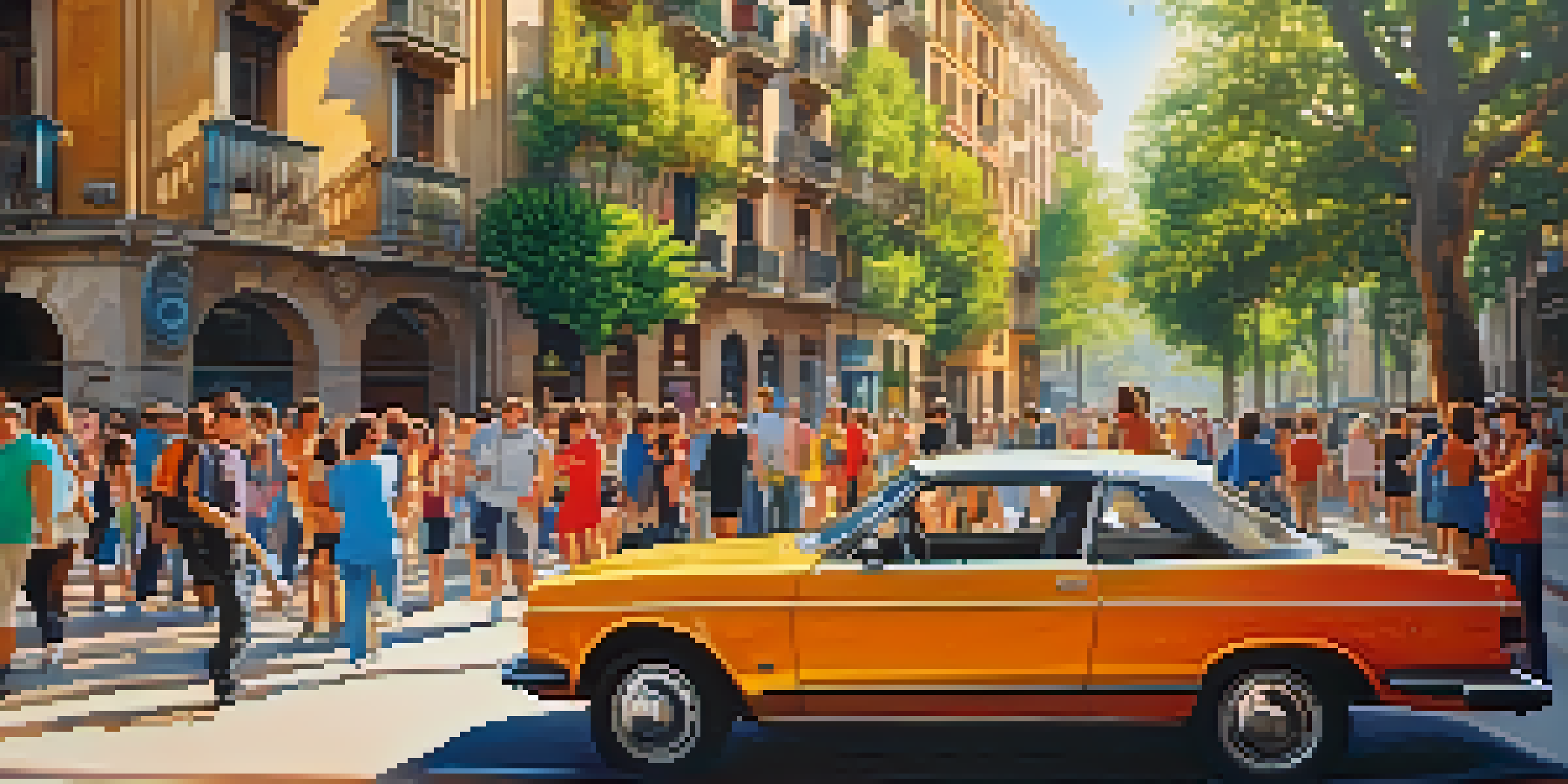 A colorful street in Barcelona filled with murals and people enjoying the art, with sunlight illuminating the scene.