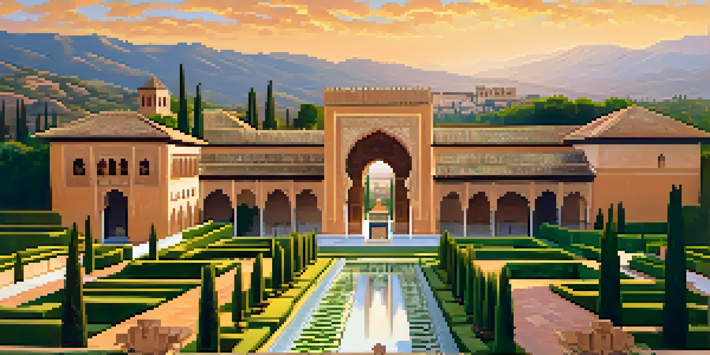 A sunset view of the Alhambra in Granada, highlighting its Islamic architecture surrounded by lush gardens and mountains in the background.