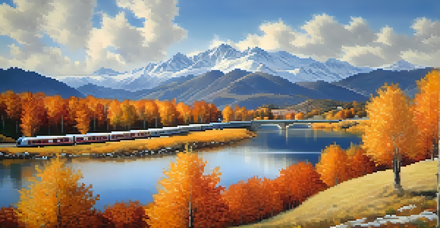 A colorful autumn landscape from a train, with vibrant foliage and snow-capped mountains in the background.