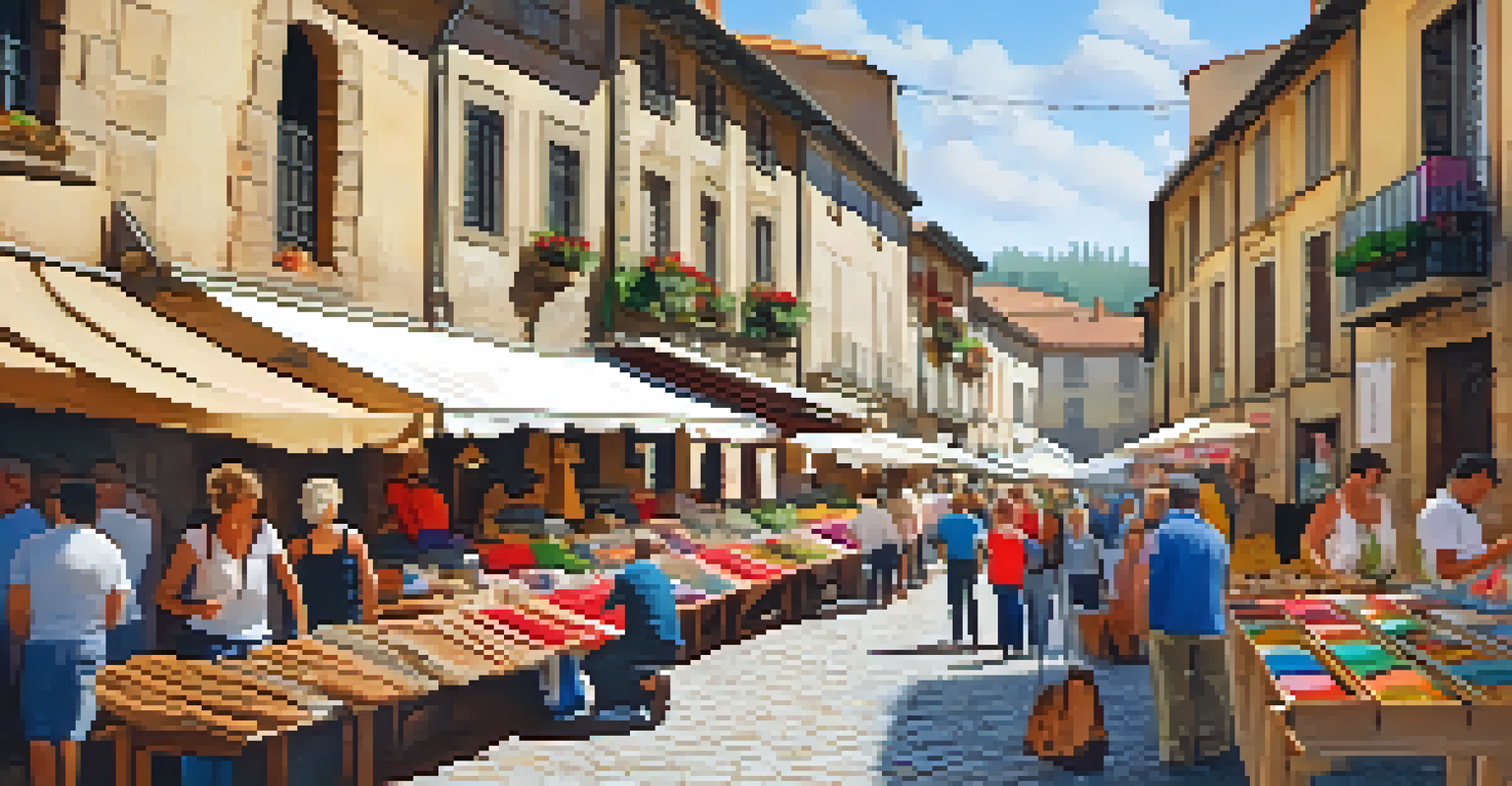 A lively artisan market along the Camino de Santiago with colorful crafts and tourists interacting with artisans.