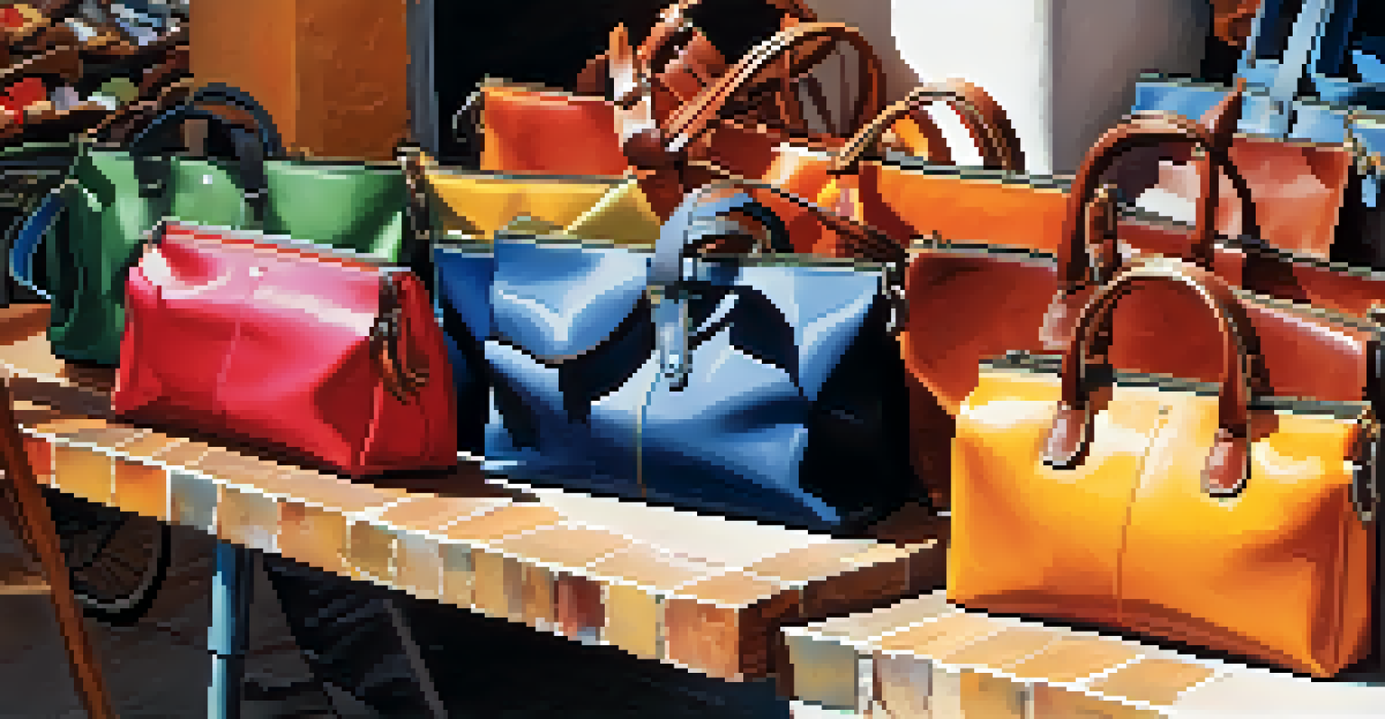 A market stall showcasing a variety of handcrafted leather goods, including bags and wallets.