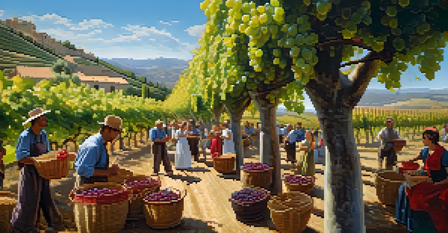 A festive scene of the grape harvest celebration in a Spanish vineyard with people and overflowing baskets of grapes.