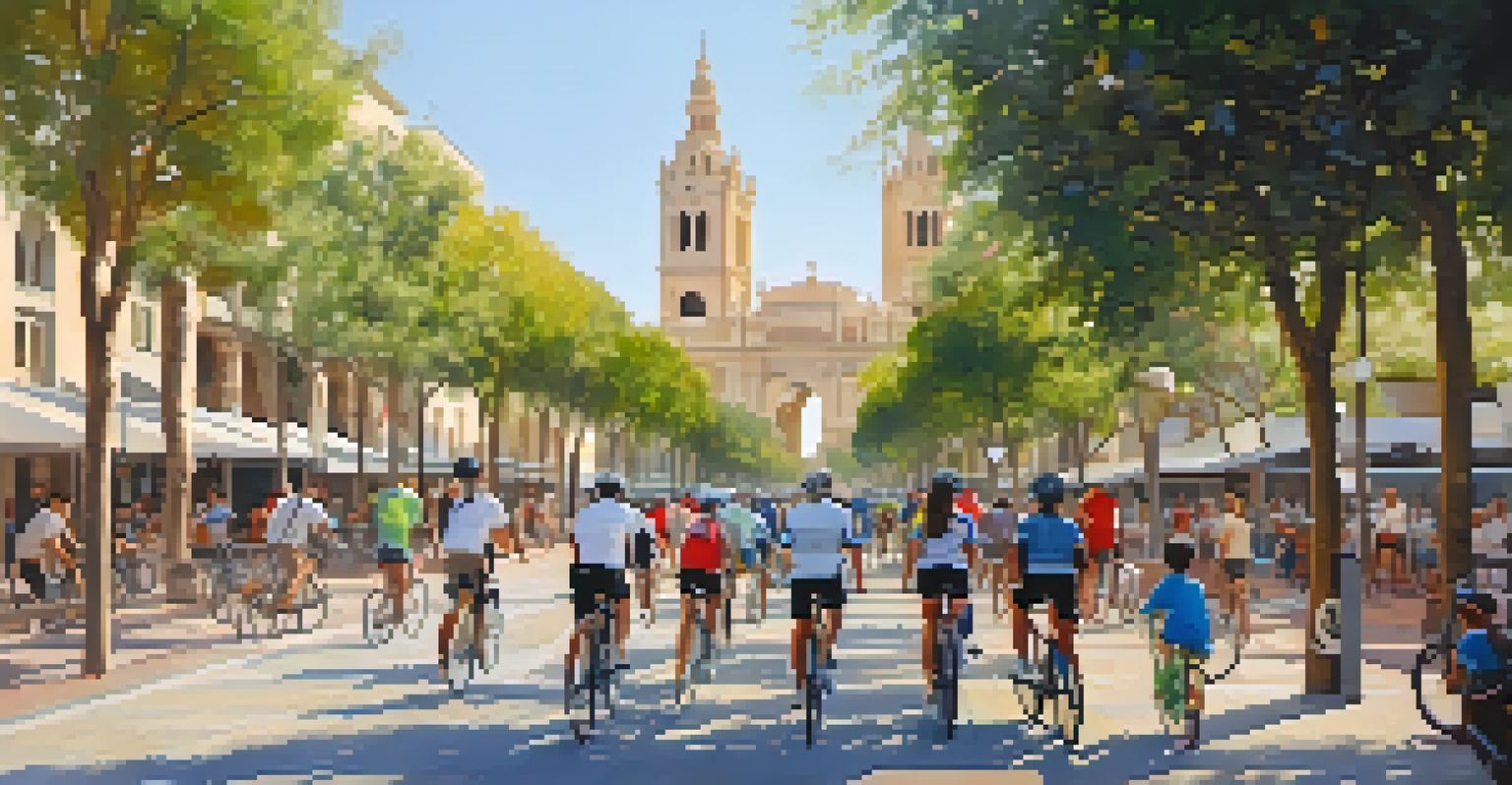 Aerial view of cyclists riding on bike paths in Valencia, showcasing the city's architecture and vibrant greenery.