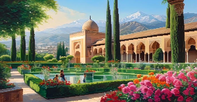 A beautiful scene of the Alhambra palace surrounded by gardens and children exploring.