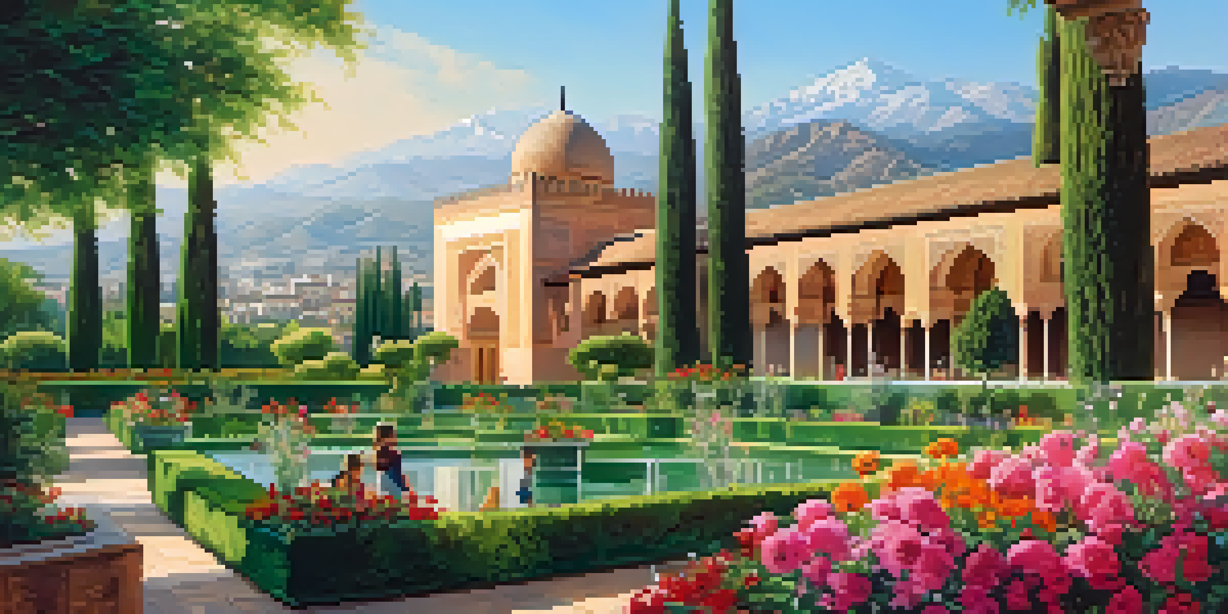A beautiful scene of the Alhambra palace surrounded by gardens and children exploring.