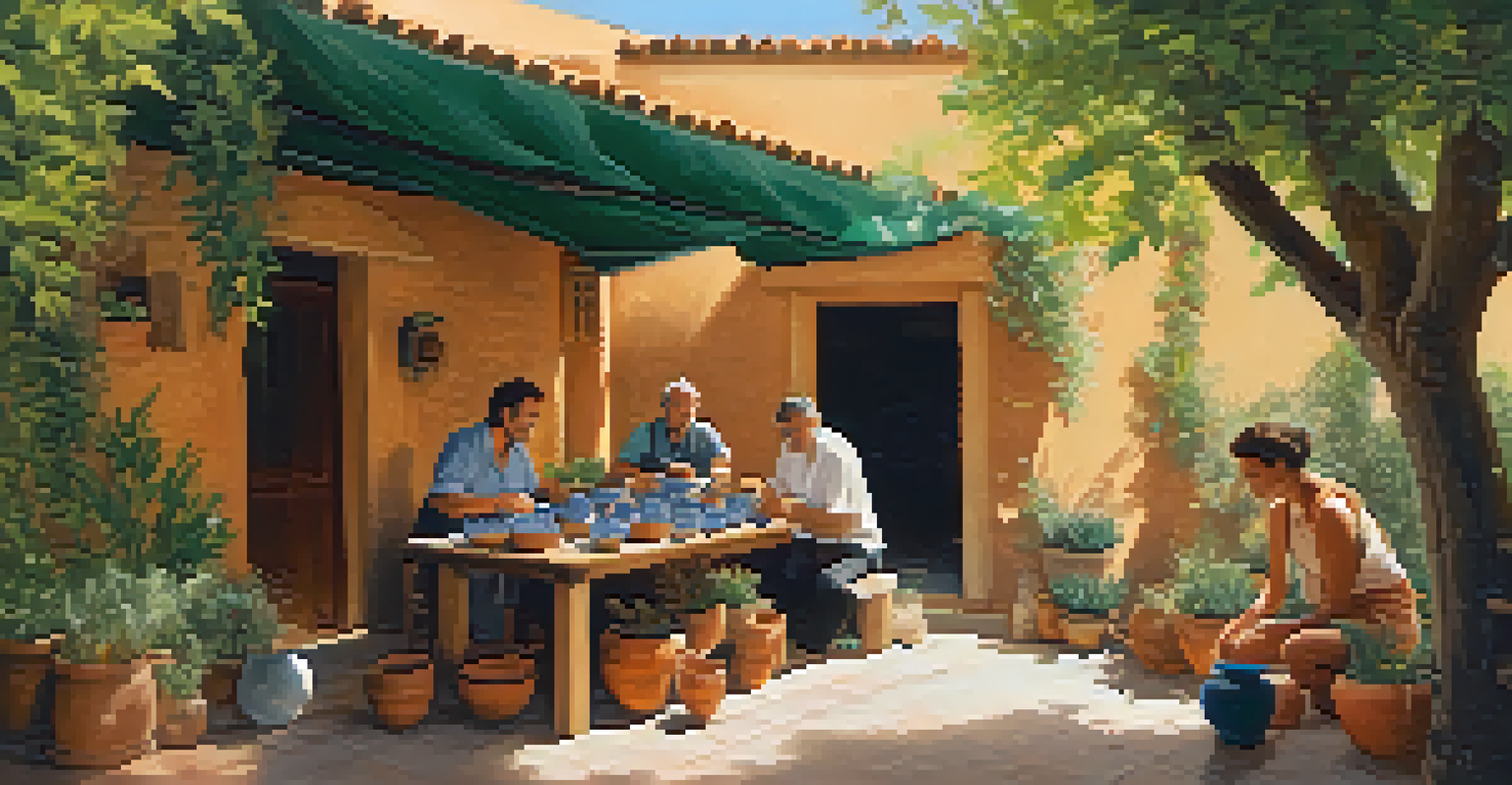 Guests participating in an outdoor pottery workshop surrounded by traditional Catalan architecture and vibrant plants, under soft sunlight.