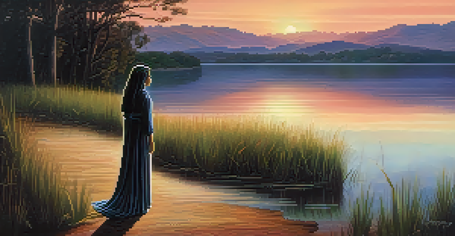 A peaceful lake at dusk with a distant figure of a woman in white walking along the water's edge, framed by a vibrant sunset sky.