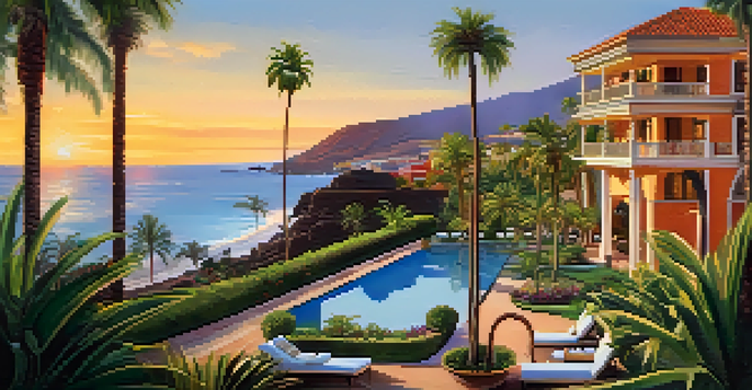 A luxurious hotel with Moorish architecture in a lush garden setting, overlooking a private beach at sunset.