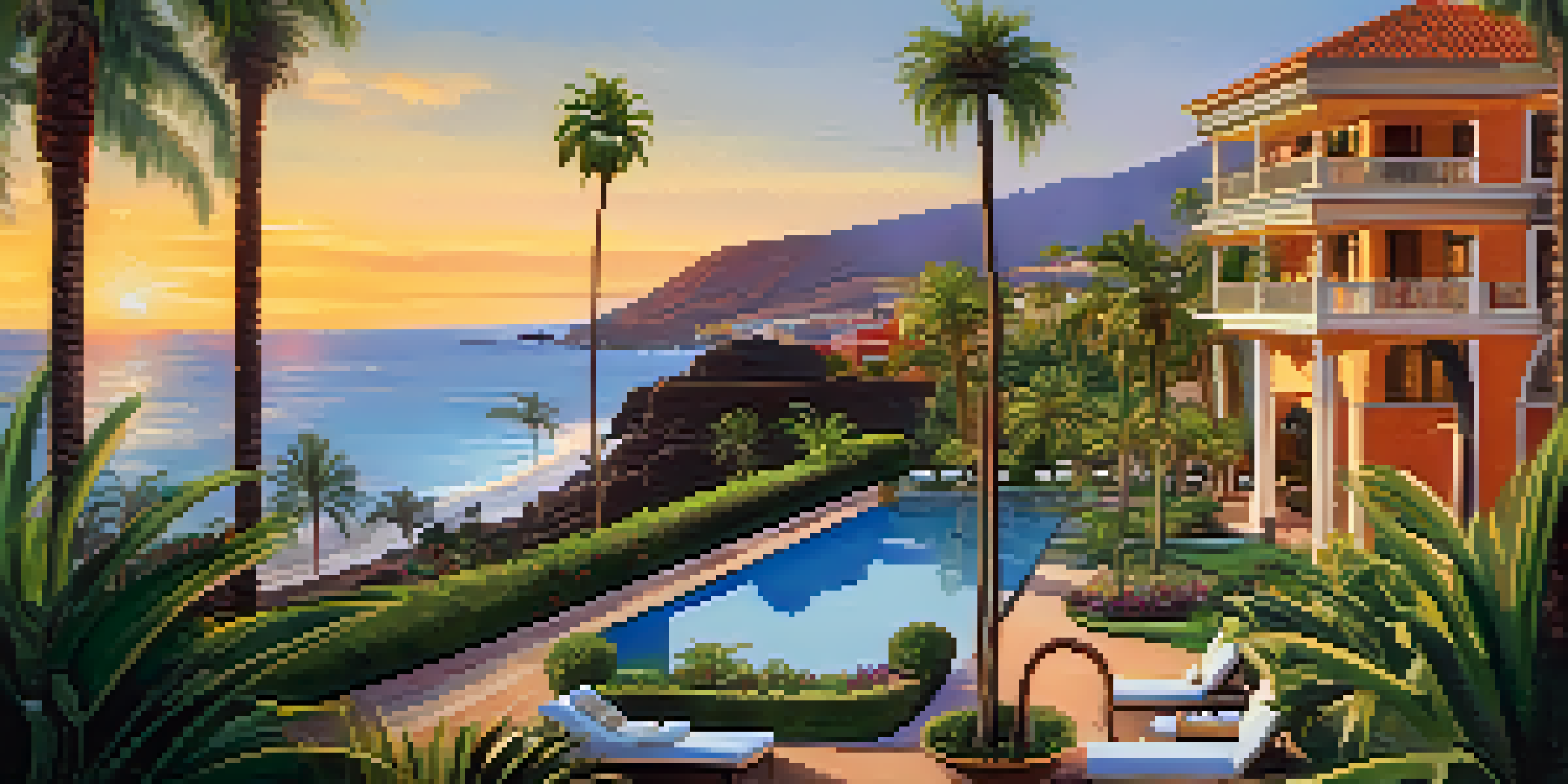 A luxurious hotel with Moorish architecture in a lush garden setting, overlooking a private beach at sunset.