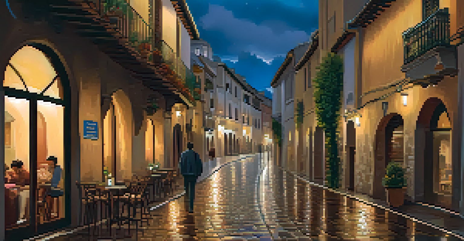 A night scene in Granada with illuminated cafes, the Alhambra in the distance, and a reflective cobblestone street.