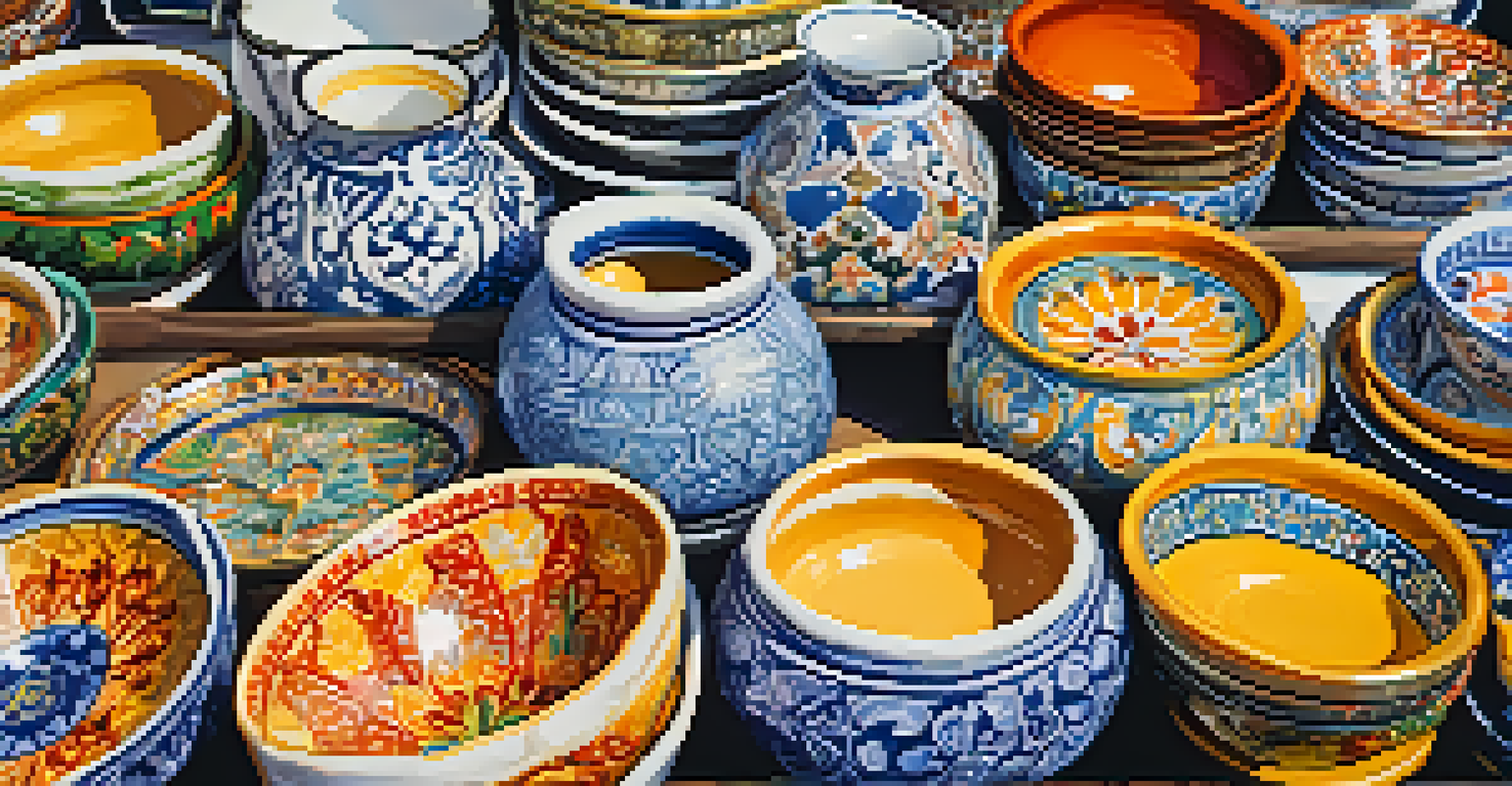 A colorful display of handmade ceramics at Triana Market in Seville, showcasing vibrant patterns and local artisans.