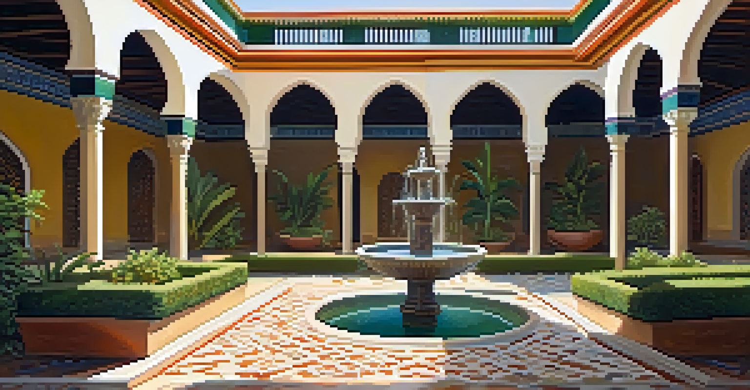 A serene interior courtyard showcasing Moorish architecture with a fountain and intricate tile designs.