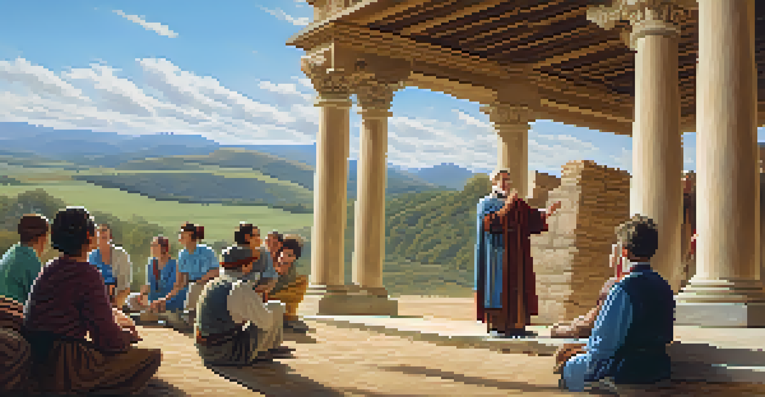 A storyteller engaging a group of listeners at a historical site, with beautiful landscapes in the background.