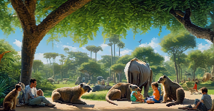 A family having a picnic in a lush garden at Barcelona Zoo, surrounded by exotic animals, including meerkats and a white rhinoceros, under a bright blue sky.