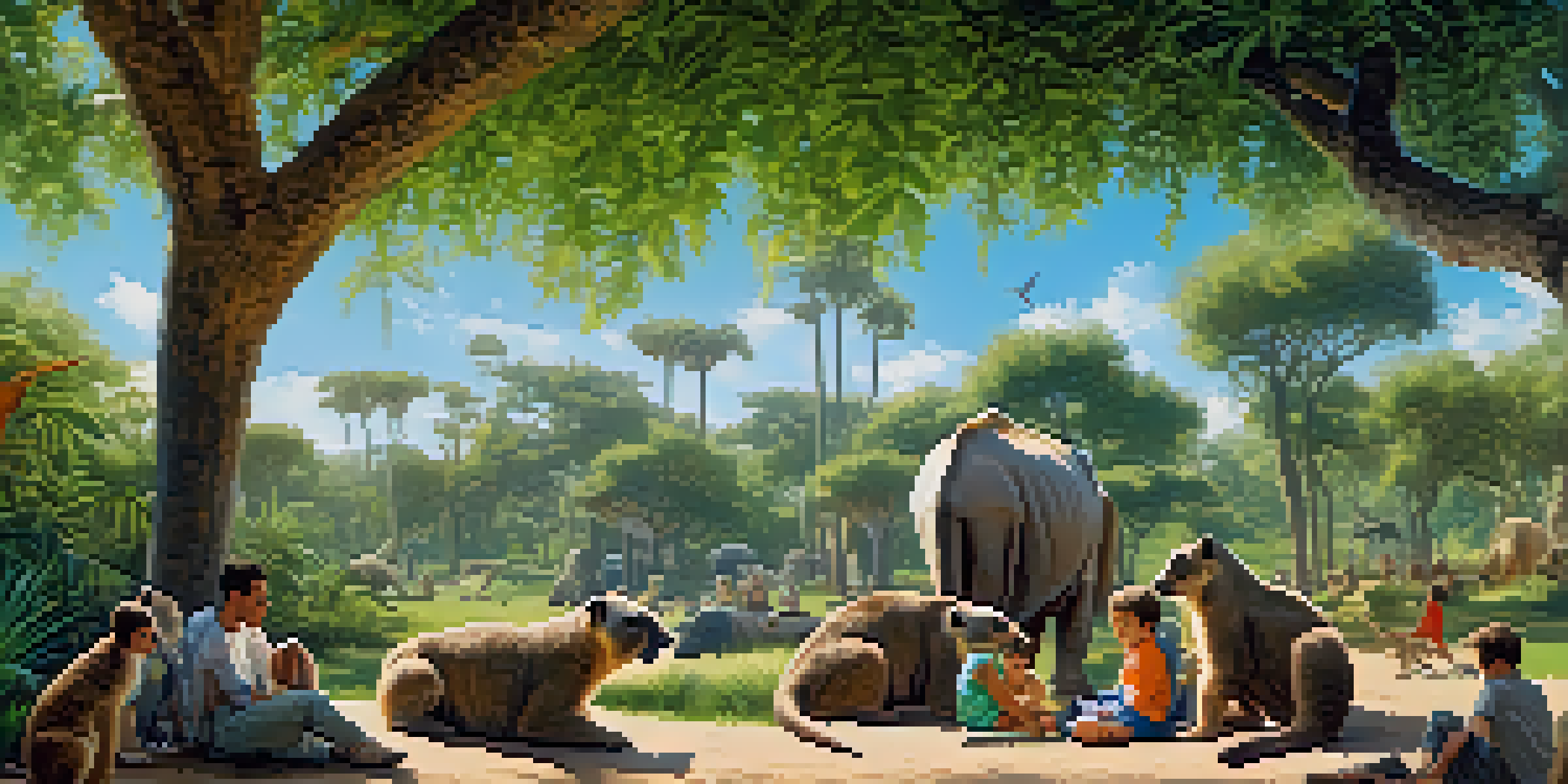 A family having a picnic in a lush garden at Barcelona Zoo, surrounded by exotic animals, including meerkats and a white rhinoceros, under a bright blue sky.