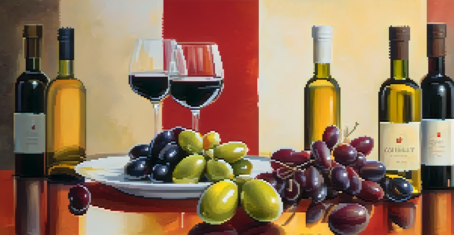 A wine and olive oil pairing setup with red and white wine glasses and bowls of olive oil.