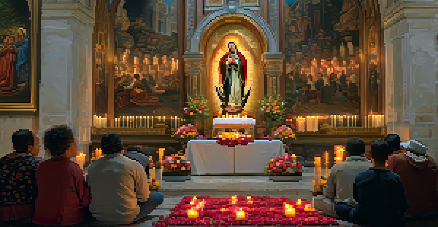 Pilgrims kneeling in prayer at the Virgen del Rocío shrine, surrounded by candles and flowers in a softly lit atmosphere.