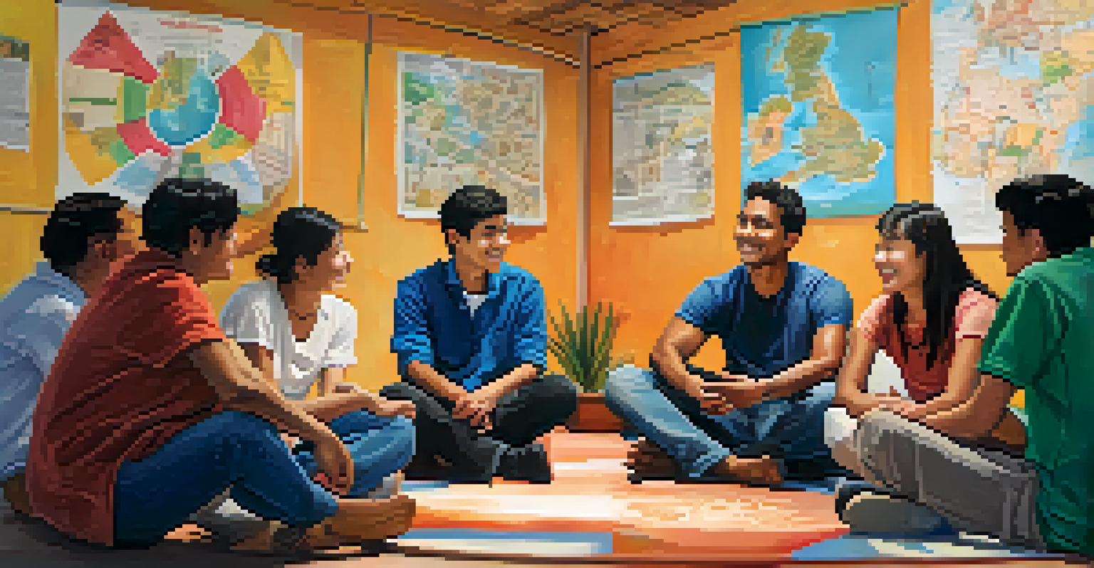 A diverse group of language learners in a circle at a language exchange event, smiling and talking, with cultural posters in a bright room.