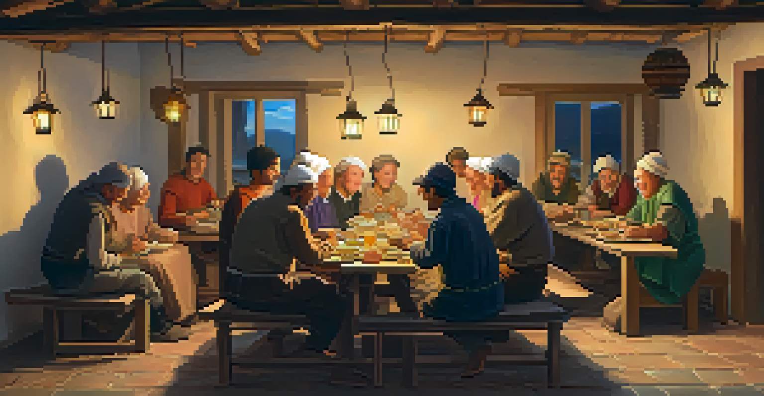 Pilgrims gathered around a wooden table in an albergue, sharing meals and stories in a warm and cozy atmosphere.