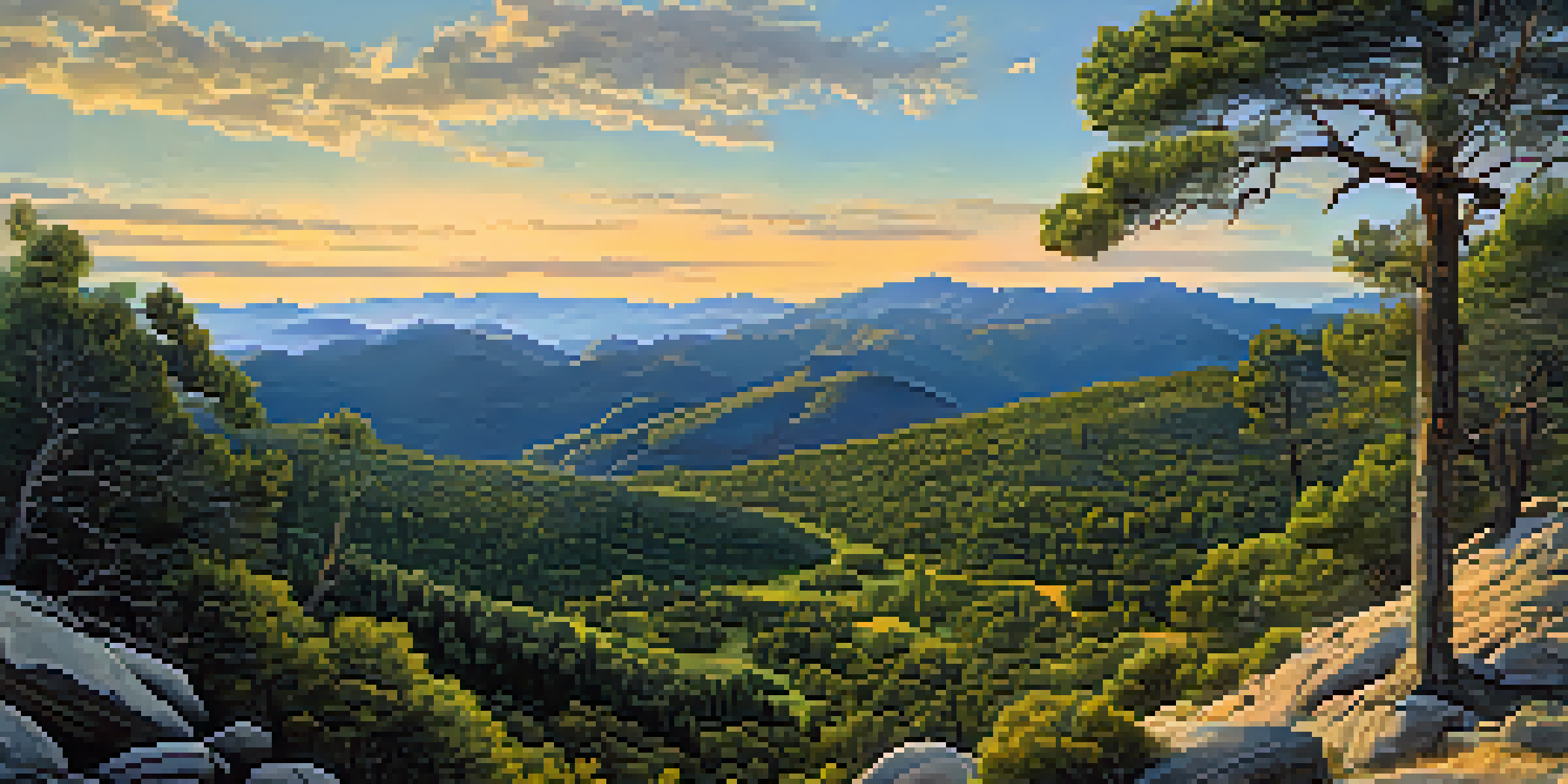 A scenic sunset view of Sierra de Guadarrama National Park with mountains, forests, and hikers on a trail.