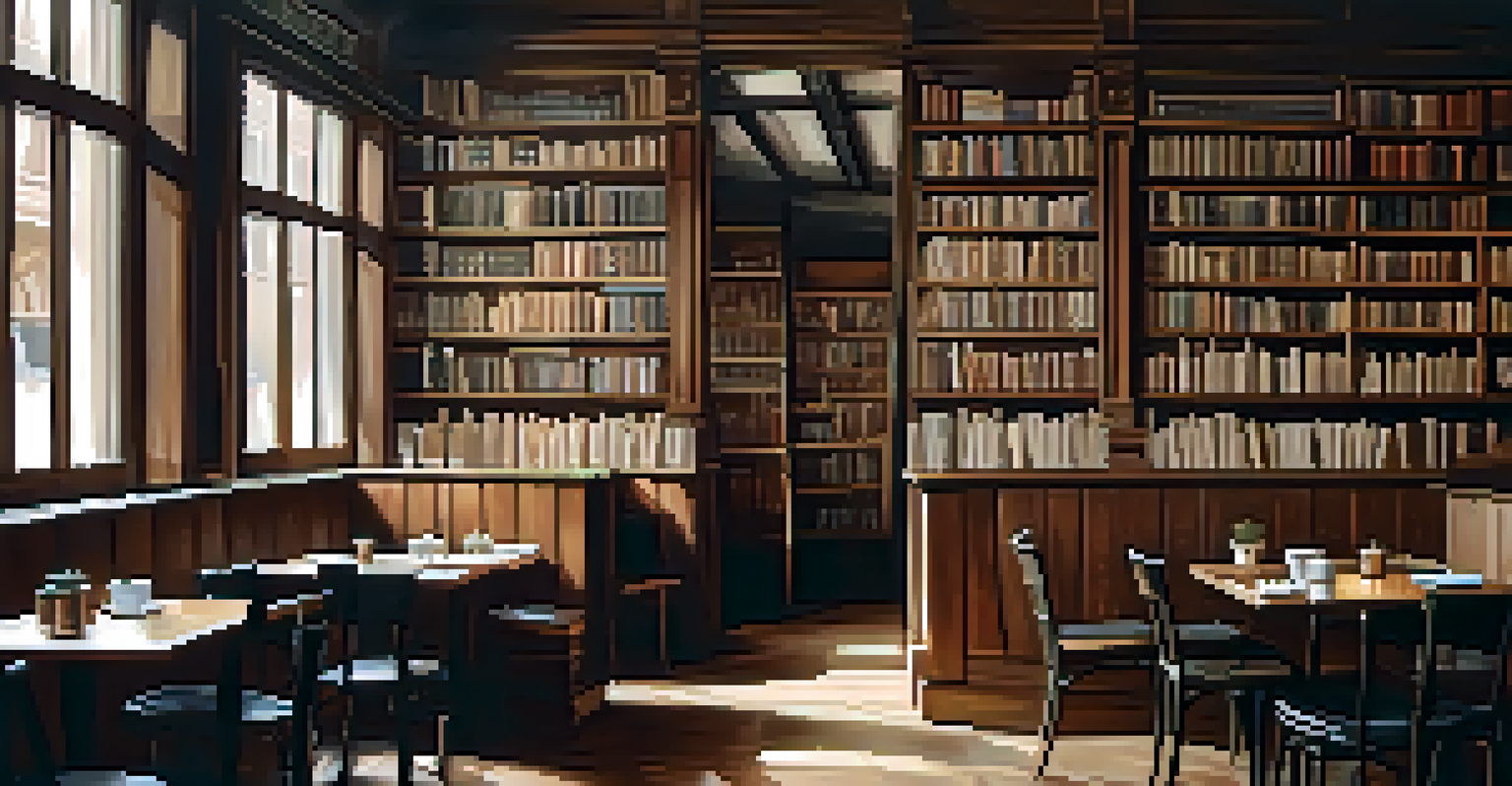 The interior of Café Gijón in Madrid, showcasing a warm atmosphere with patrons talking and writers working among books and photographs.