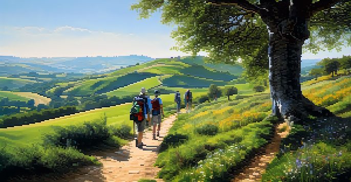 A scenic view of the Camino de Santiago with pilgrims walking on a winding path through green hills and wildflowers.