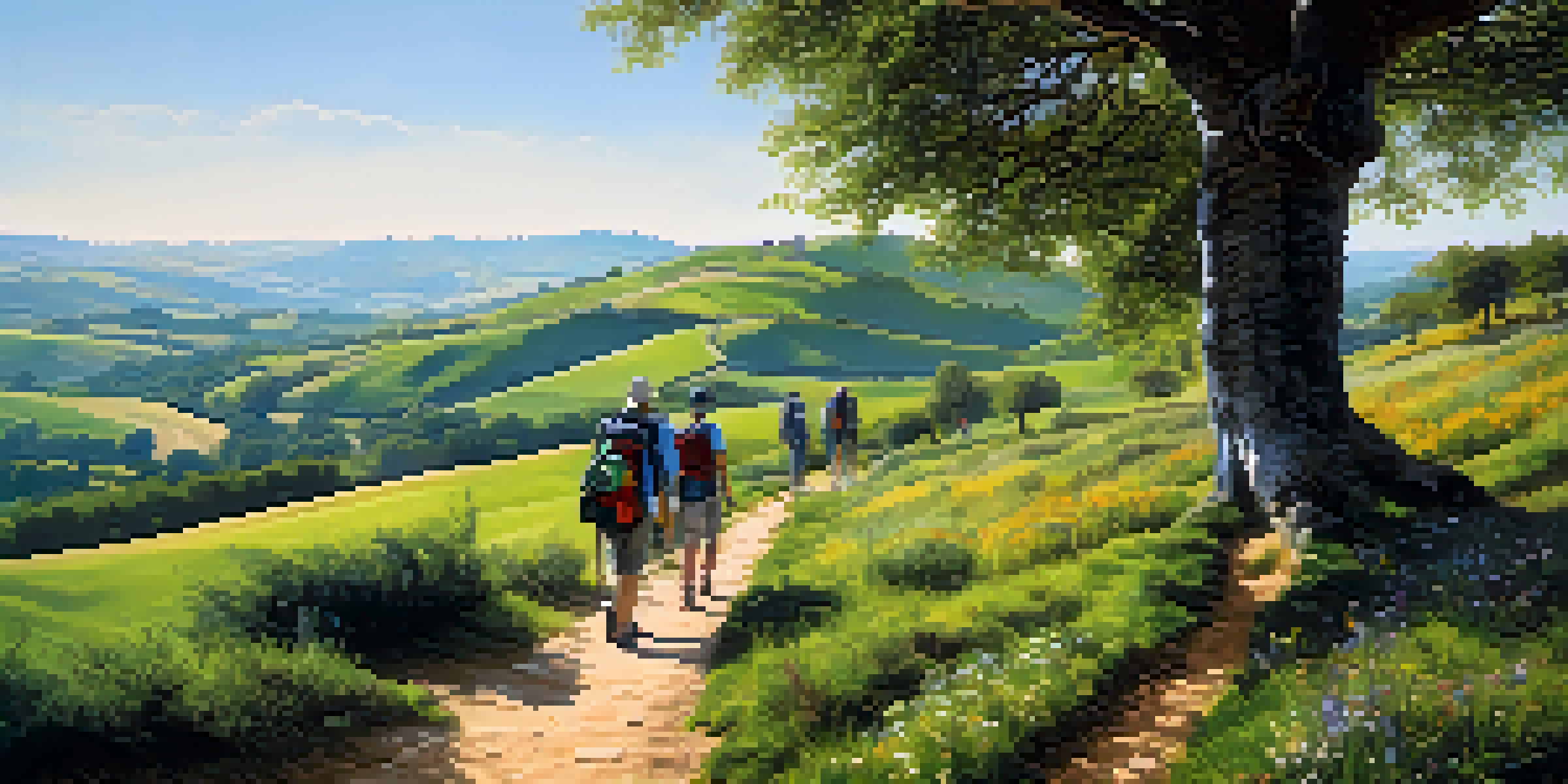 A scenic view of the Camino de Santiago with pilgrims walking on a winding path through green hills and wildflowers.