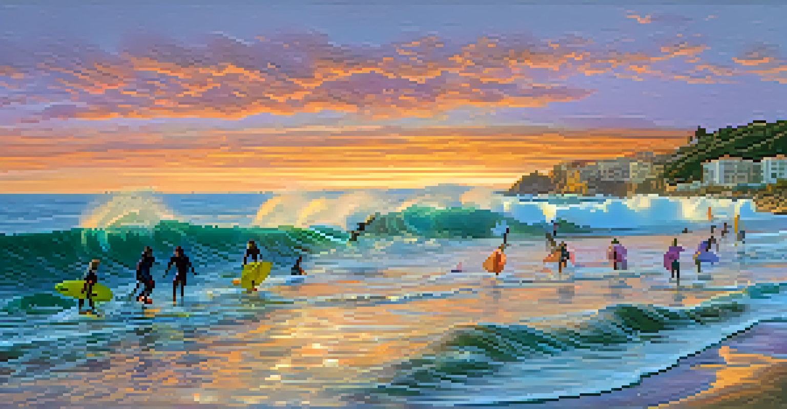 Surfers riding waves at Costa Brava during a colorful sunset.