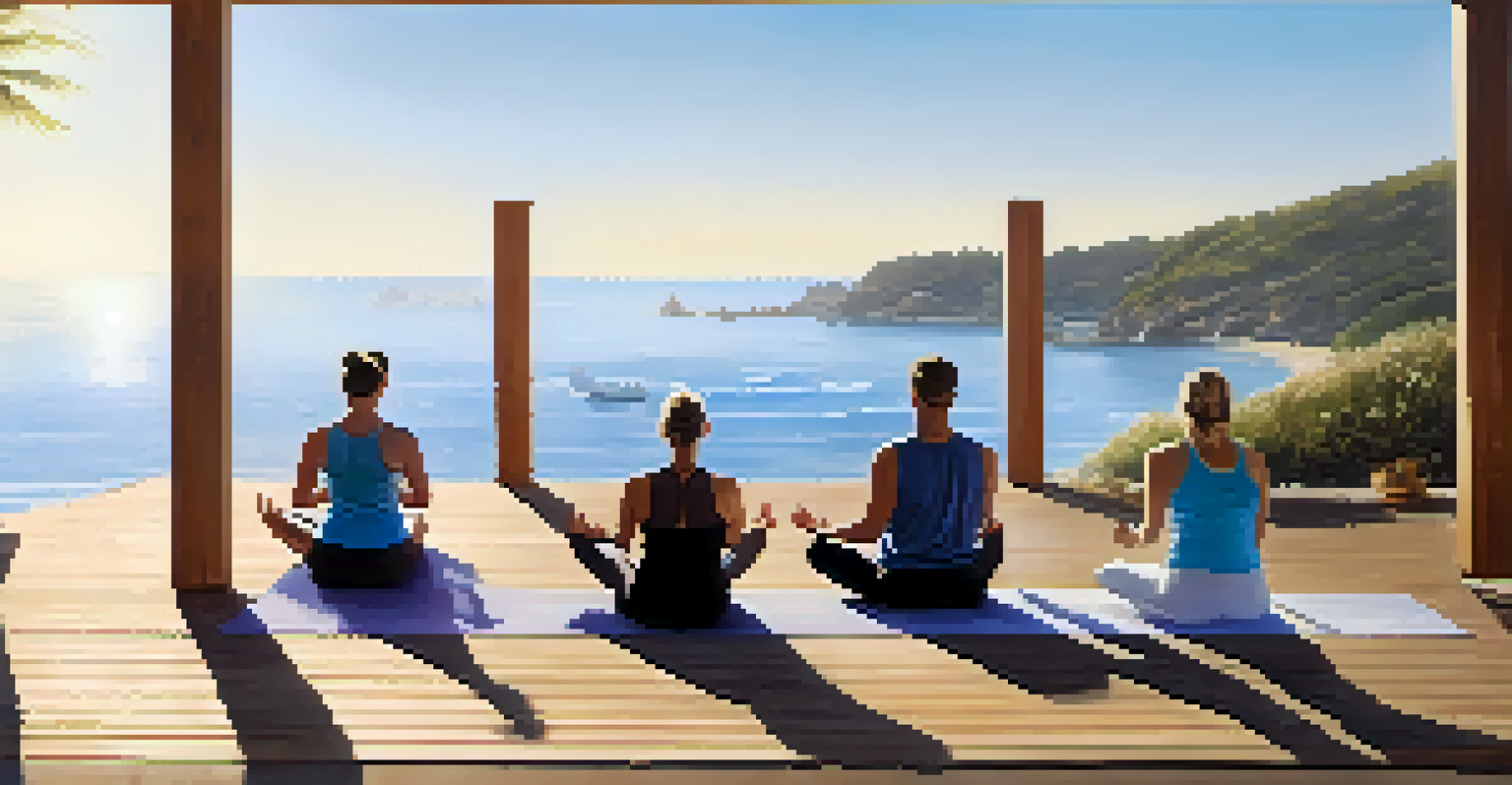 Individuals participating in an outdoor yoga session on a deck overlooking the ocean at sunrise.