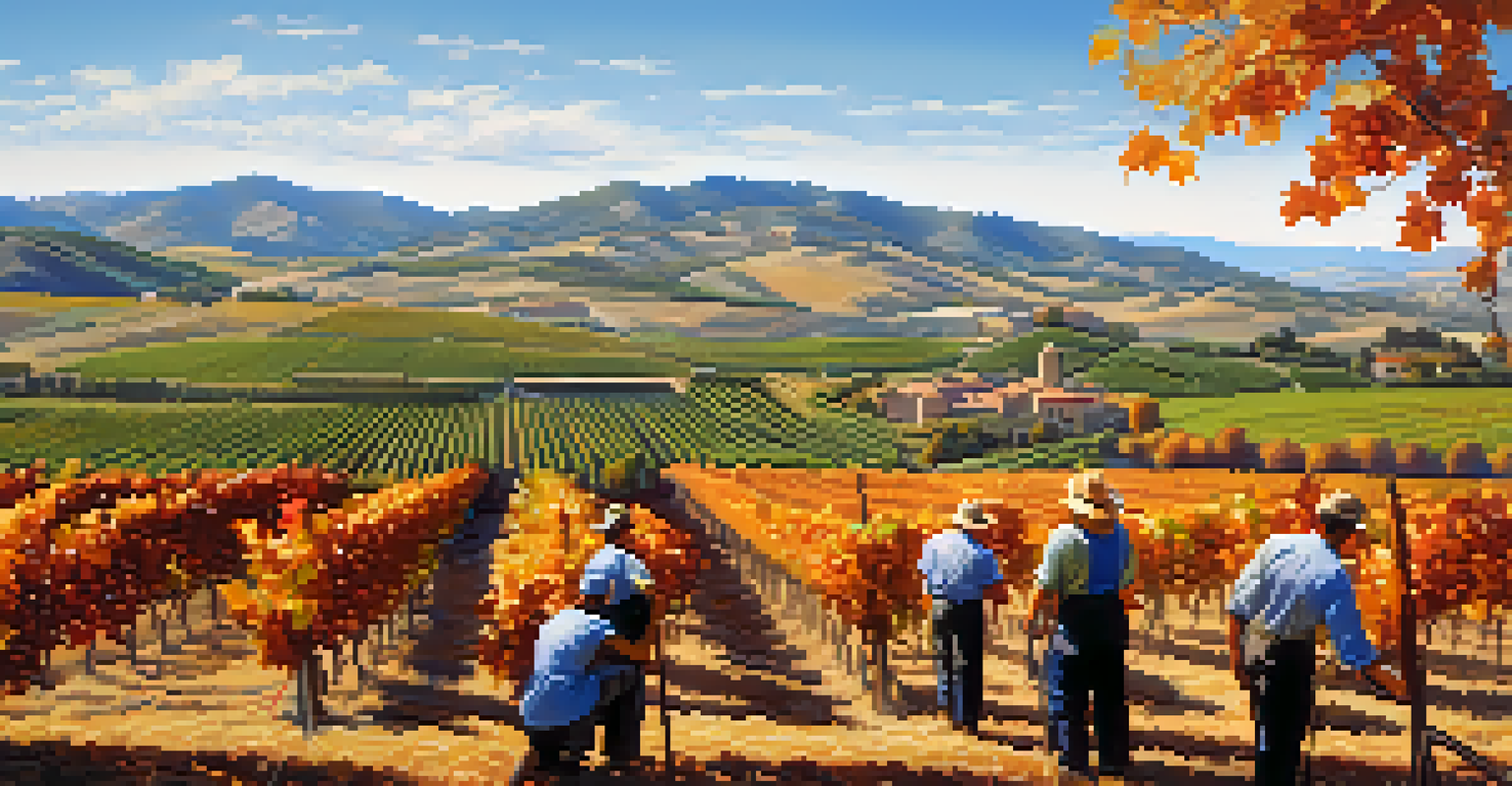 A vineyard in La Rioja during harvest season, featuring workers picking grapes amidst colorful autumn foliage and rolling hills.