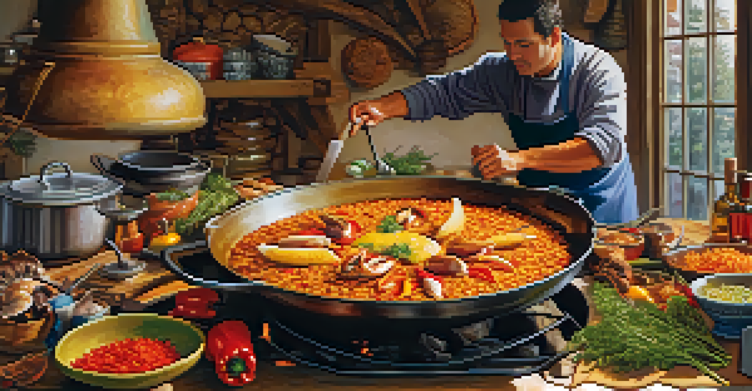 A rustic kitchen scene with a chef preparing traditional paella using fresh ingredients over an open flame.