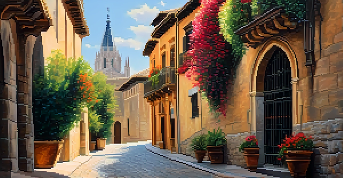 A scenic view of Toledo with narrow streets, historical buildings, and the Toledo Cathedral under warm afternoon sunlight.