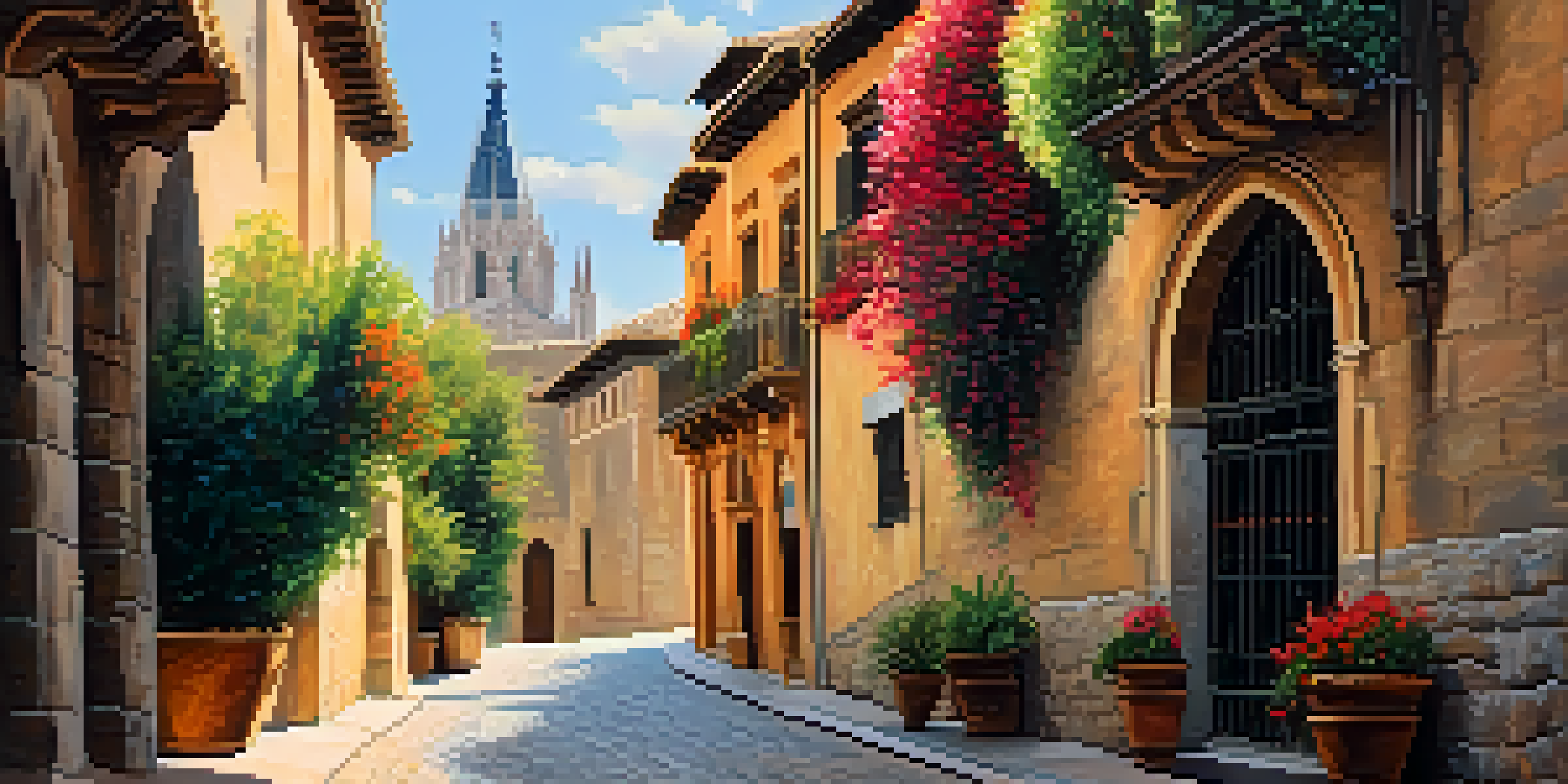 A scenic view of Toledo with narrow streets, historical buildings, and the Toledo Cathedral under warm afternoon sunlight.