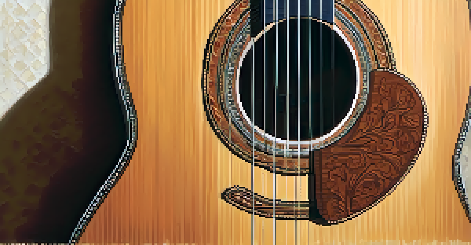 A close-up of a Flamenco guitar with intricate details, set in a softly lit room with Spanish decor.