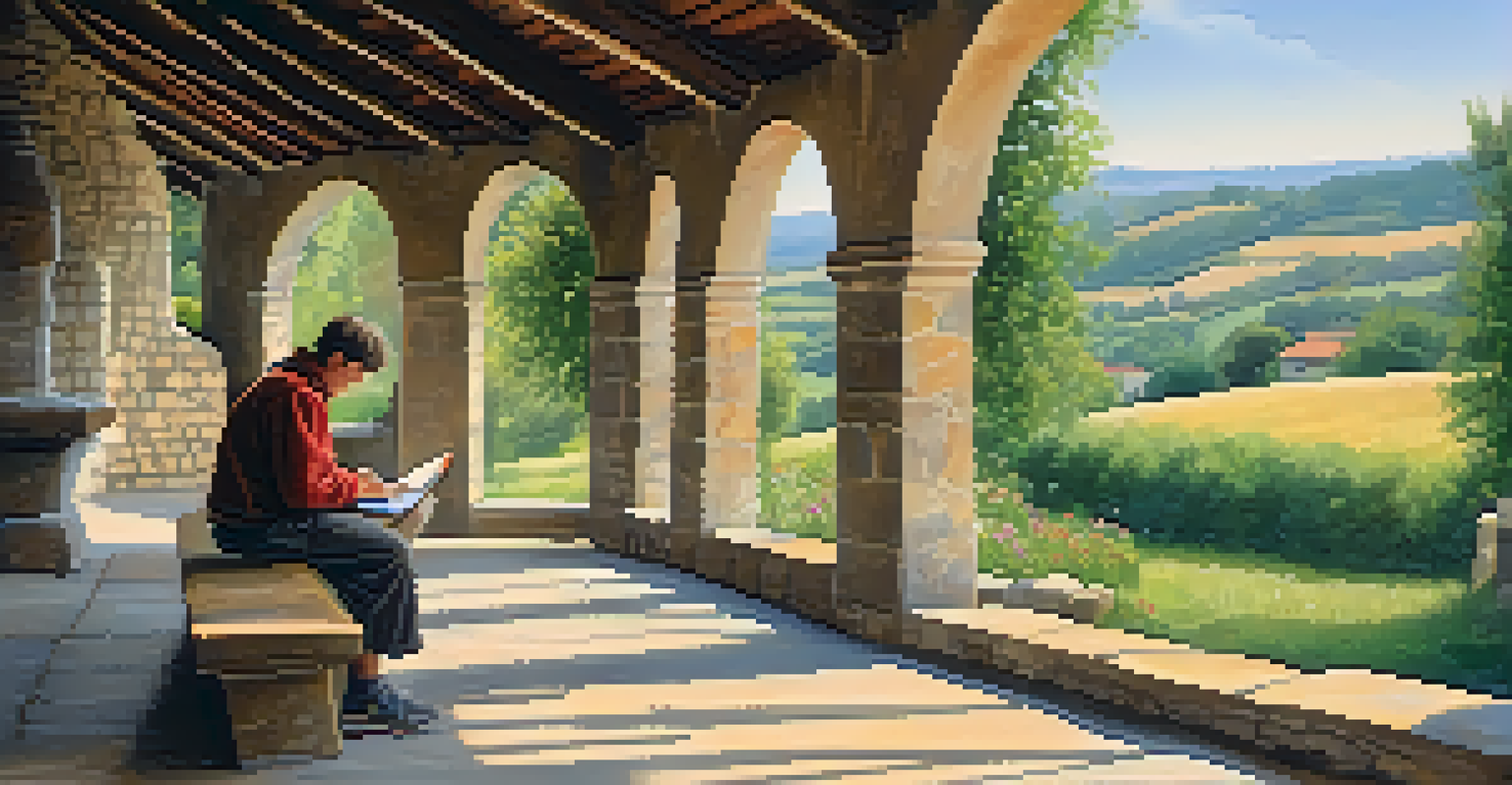 A pilgrim journaling by a serene chapel on the Camino de Santiago, surrounded by nature.