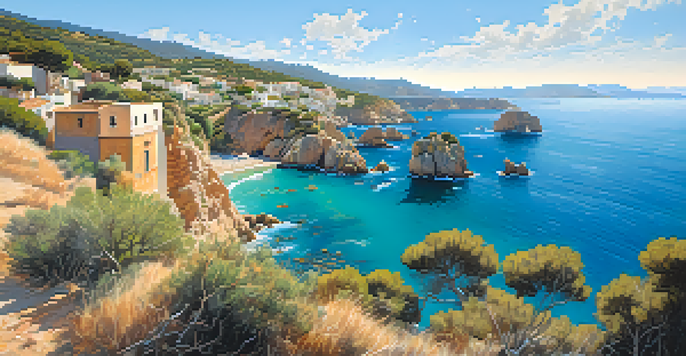 A stunning coastal view of the Costa Brava featuring rugged cliffs, turquoise waters, and white-washed villages under a blue sky.