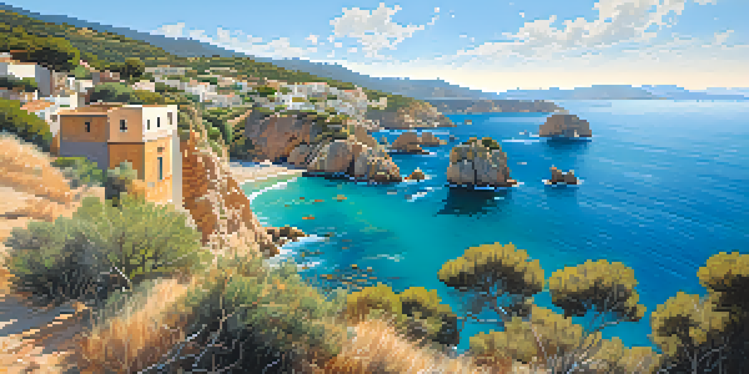 A stunning coastal view of the Costa Brava featuring rugged cliffs, turquoise waters, and white-washed villages under a blue sky.