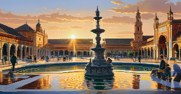 A beautiful sunset view of Plaza de España in Seville, highlighting the colorful tiles and architecture with people walking around.
