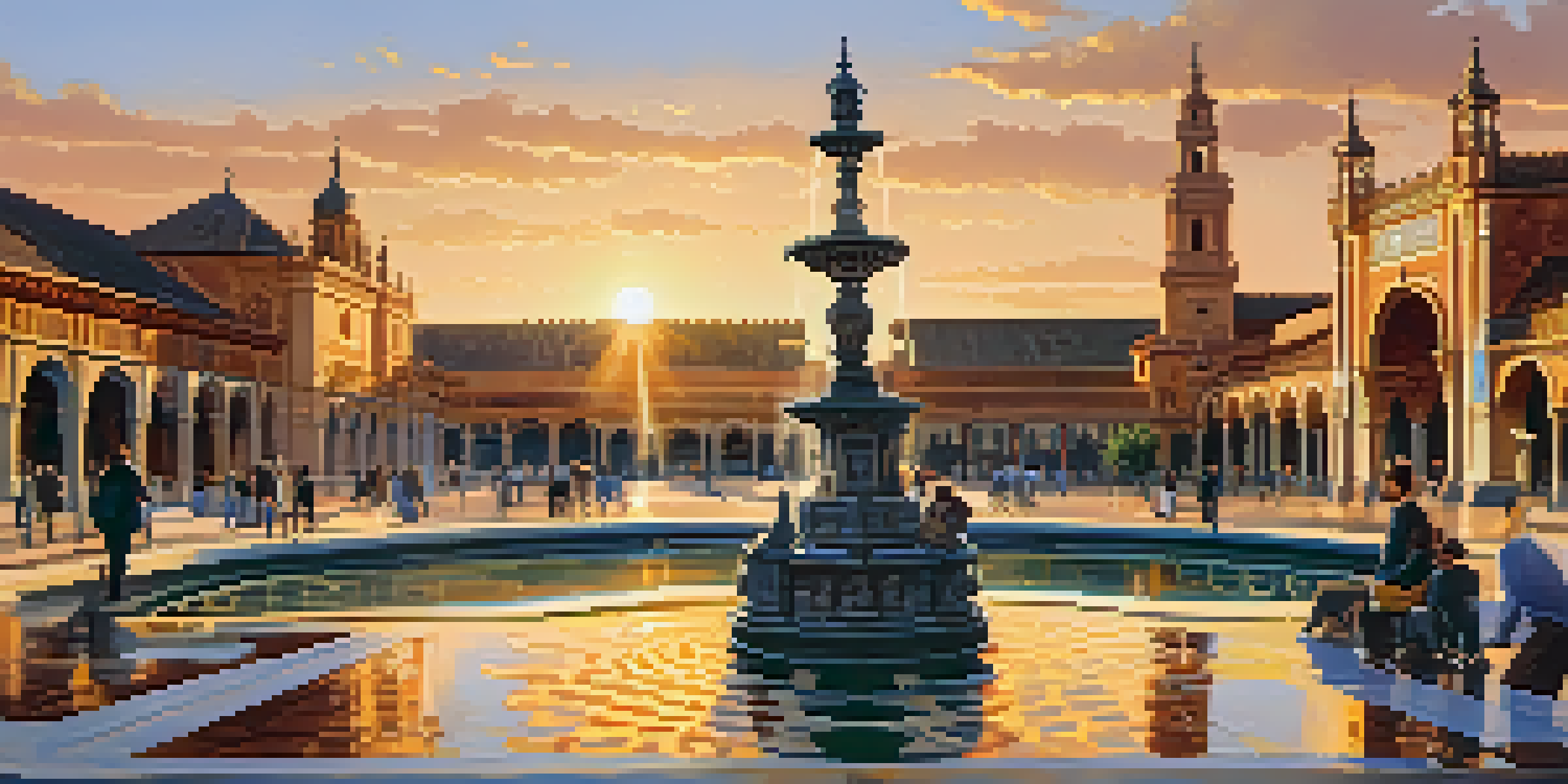 A beautiful sunset view of Plaza de España in Seville, highlighting the colorful tiles and architecture with people walking around.
