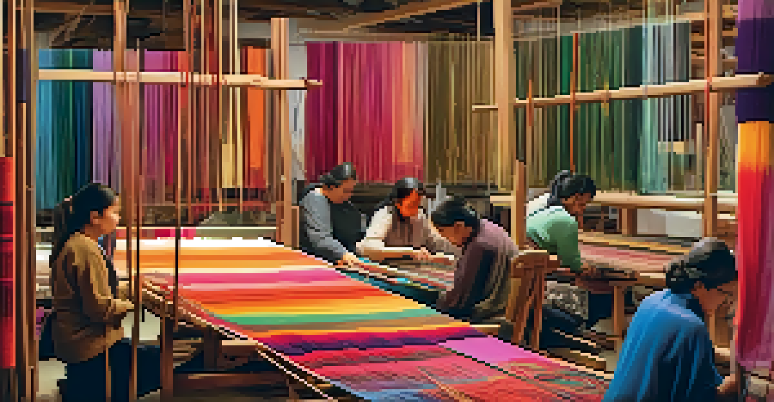 An indoor textile art workshop with participants weaving on looms, surrounded by colorful threads and textile art on the walls.