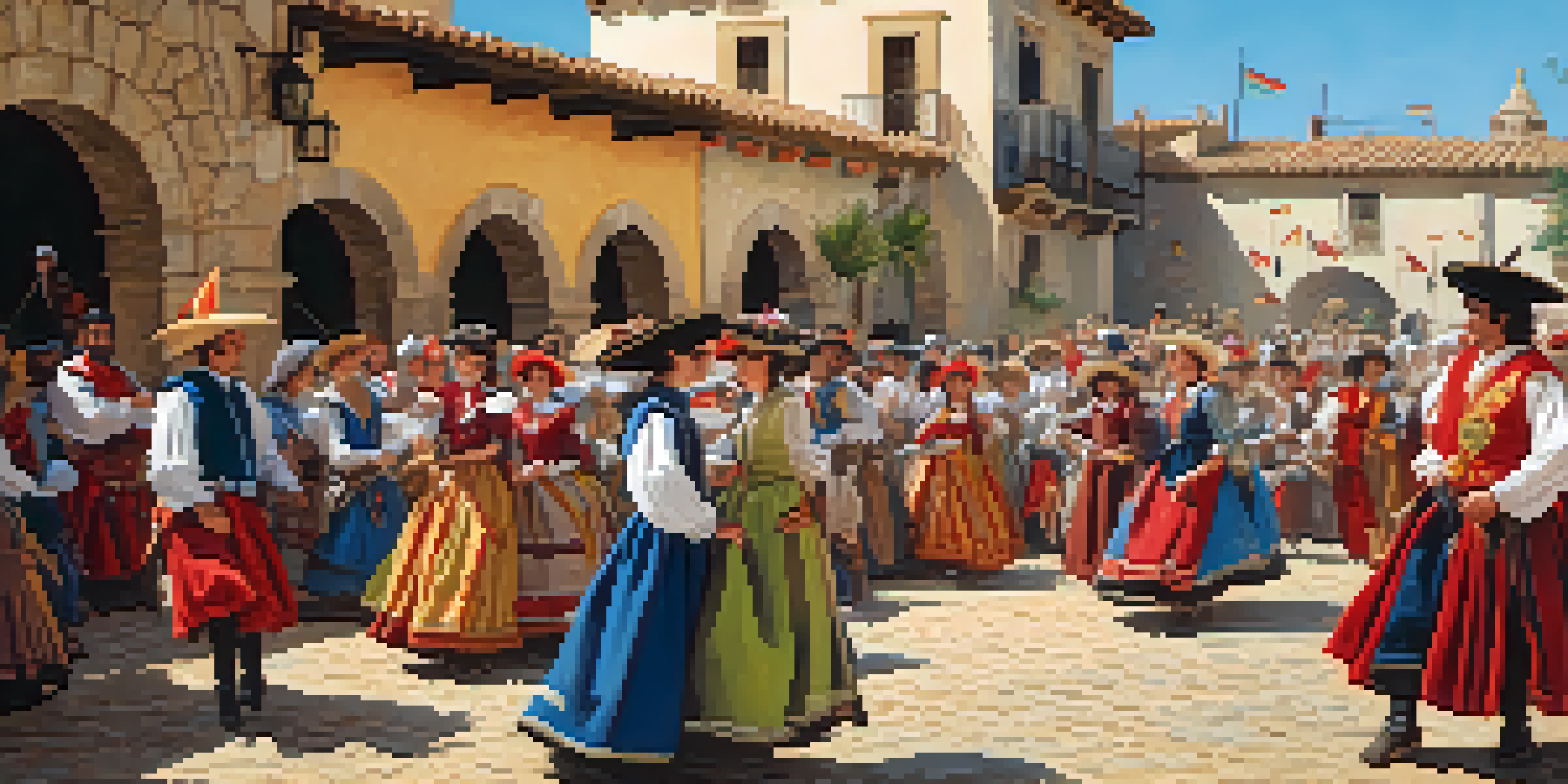 A lively historical reenactment in a Spanish village with participants in colorful costumes and traditional stone buildings.